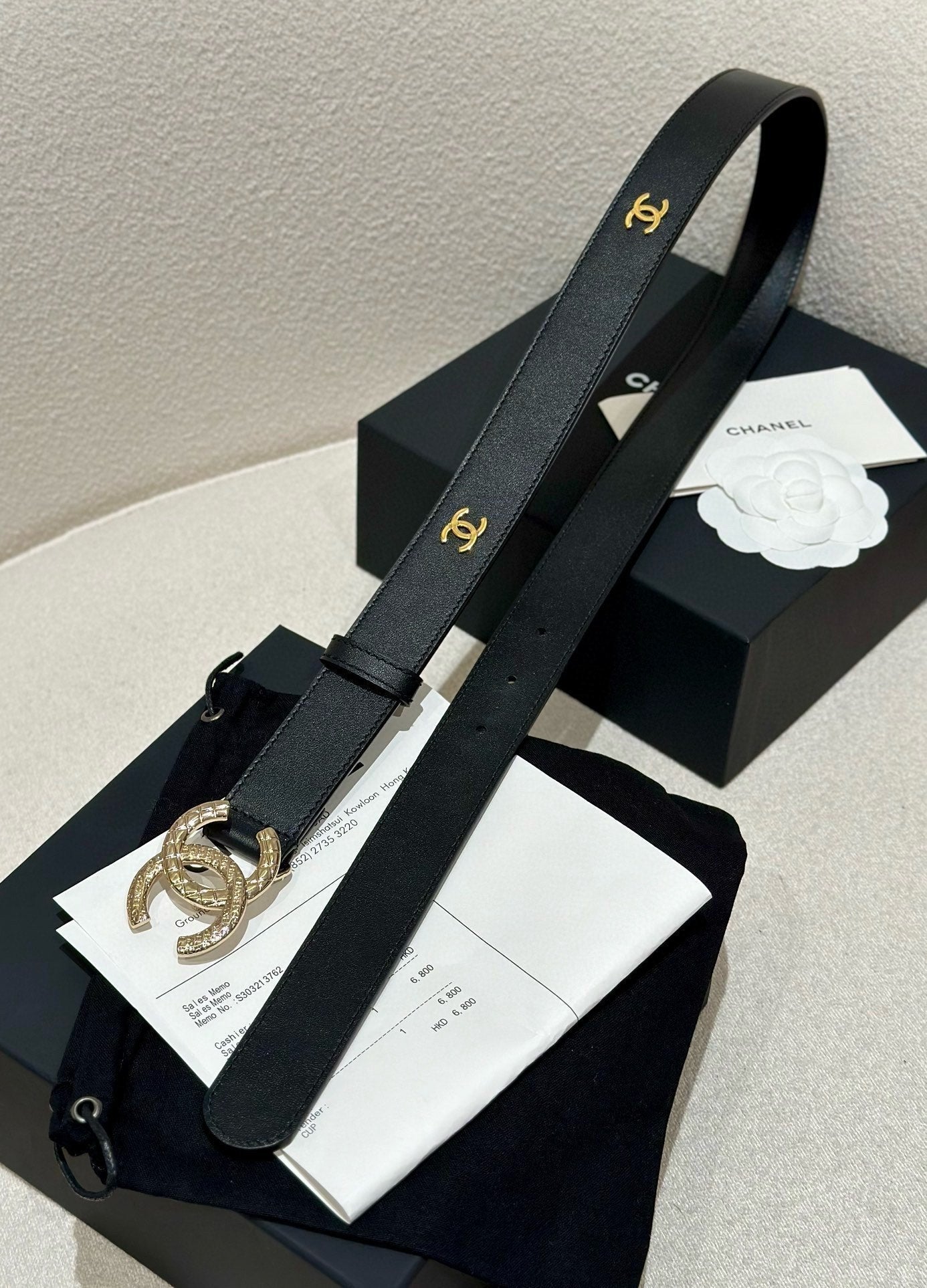 CHANEL DOUBLE C BELT 30MM IN BLACK CALFSKIN GOLD BUCKLE WITH EMBOSSED CHECK PATTERN