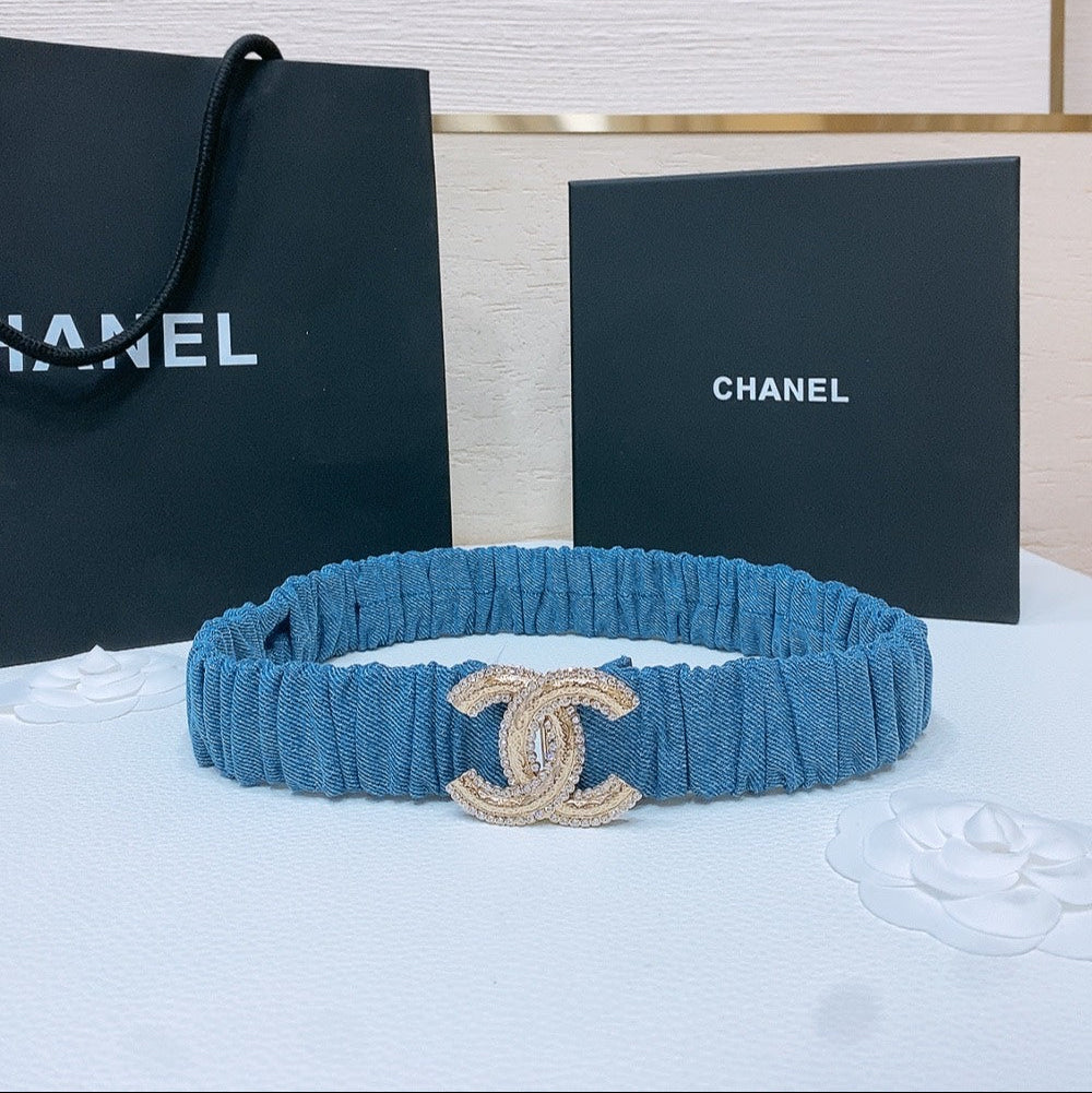 CHANEL DOUBLE C ELASTIC BELT 30MM IN BLUE DENIM WITH GOLD BUCKLE AND SIDE RHINESTONE DETAILING