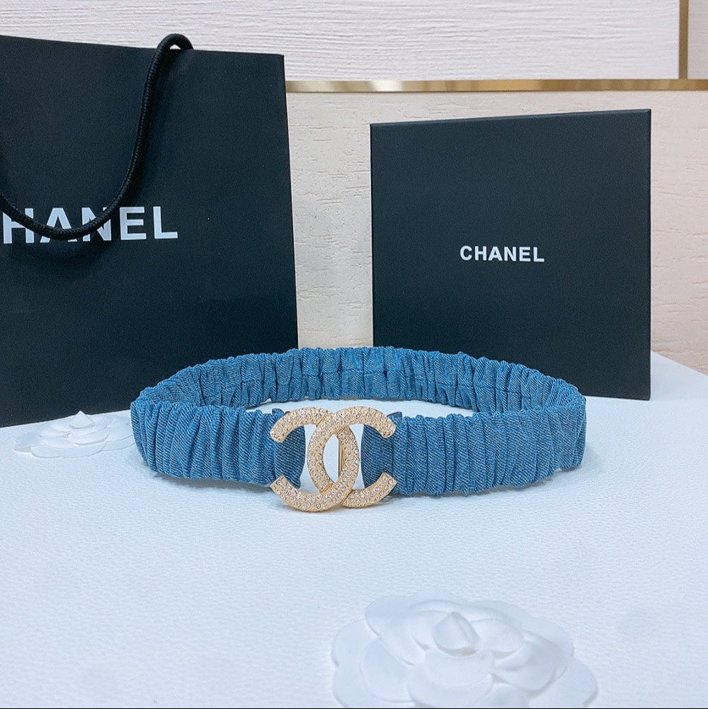 CHANEL DOUBLE C ELASTIC BELT 30MM IN BLUE DENIM GOLD BUCKLE EMBOSSED CRYSTAL