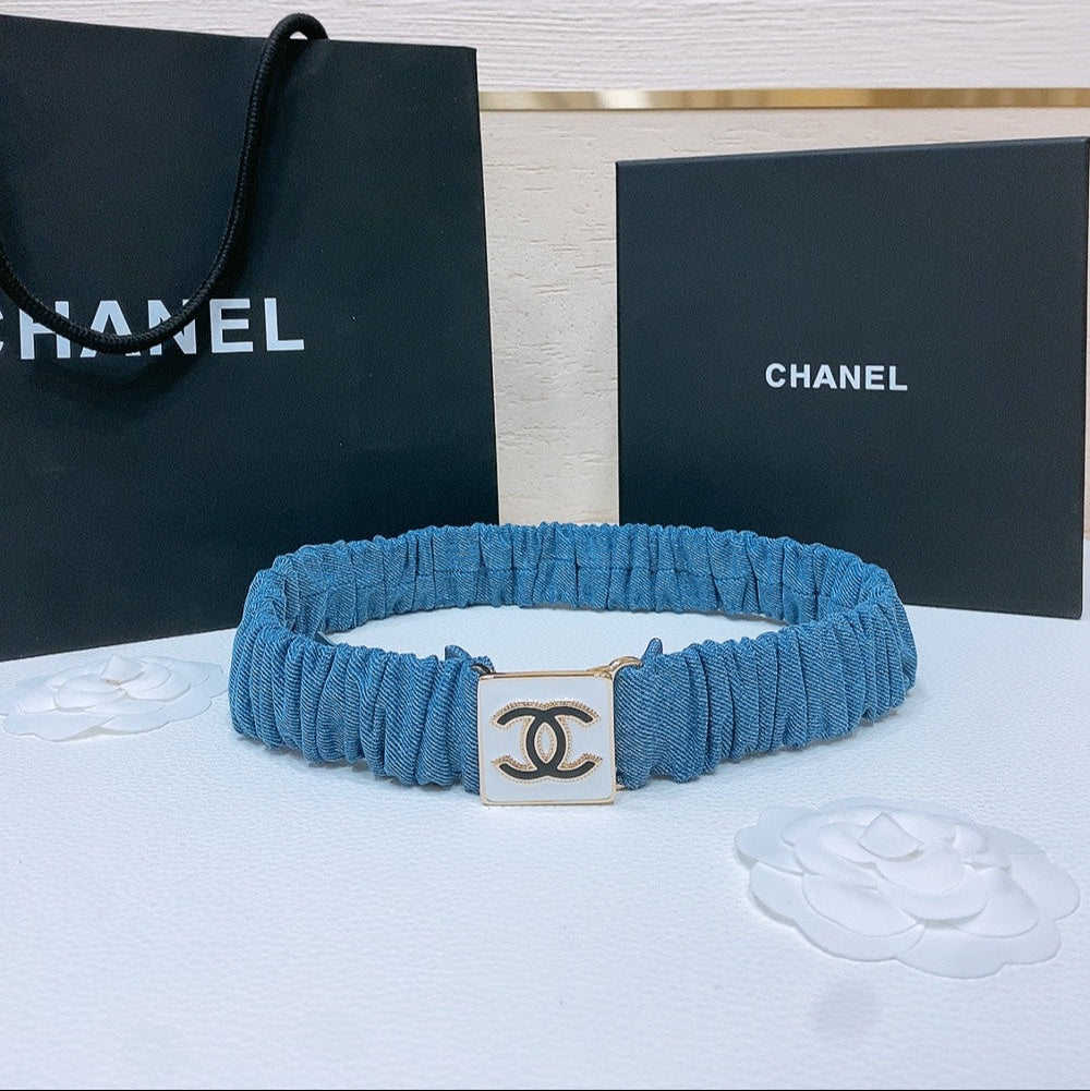 CHANEL ELASTIC BELT 30MM IN BLUE DENIM WITH SQUARE BUCKLE EMBOSSED LOGO