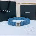 CHANEL ELASTIC BELT 30MM IN BLUE DENIM WITH SQUARE BUCKLE EMBOSSED LOGO