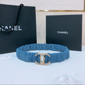 CHANEL DOUBLE C ELASTIC BELT 30MM IN BLUE DENIM GOLD CRYSTAL BUCKLE