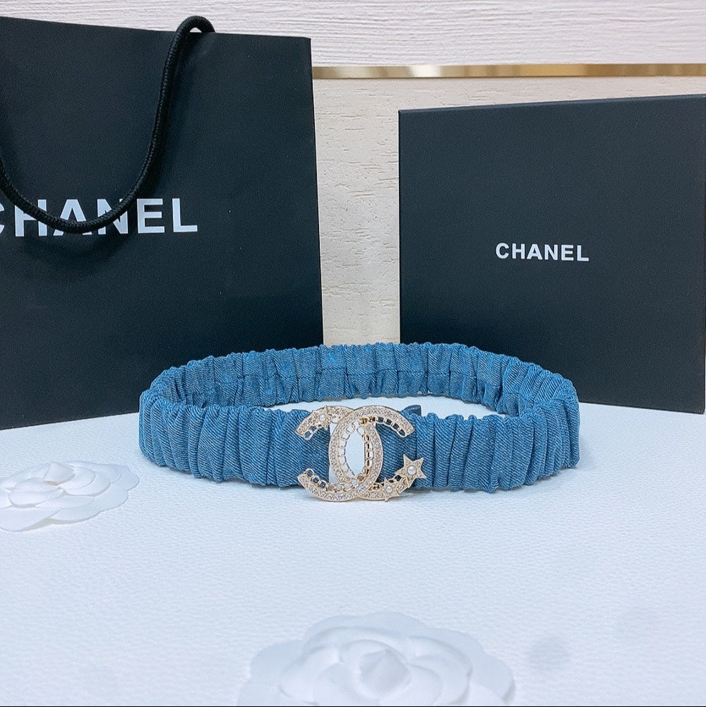 CHANEL DOUBLE C ELASTIC BELT 30MM IN BLUE DENIM GOLD CRYSTAL STAR EMBELLISHED BUCKLE