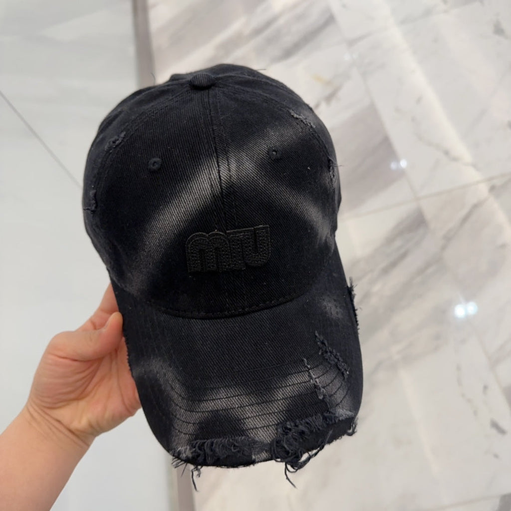 MIU MIU MM BASEBALL CAP IN BLACK DISTRESSED FABRIC STYLE 4