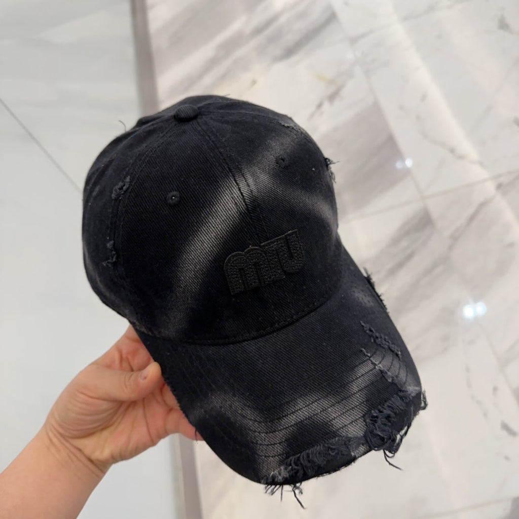 MIU MIU MM BASEBALL CAP IN BLACK DISTRESSED FABRIC STYLE 4