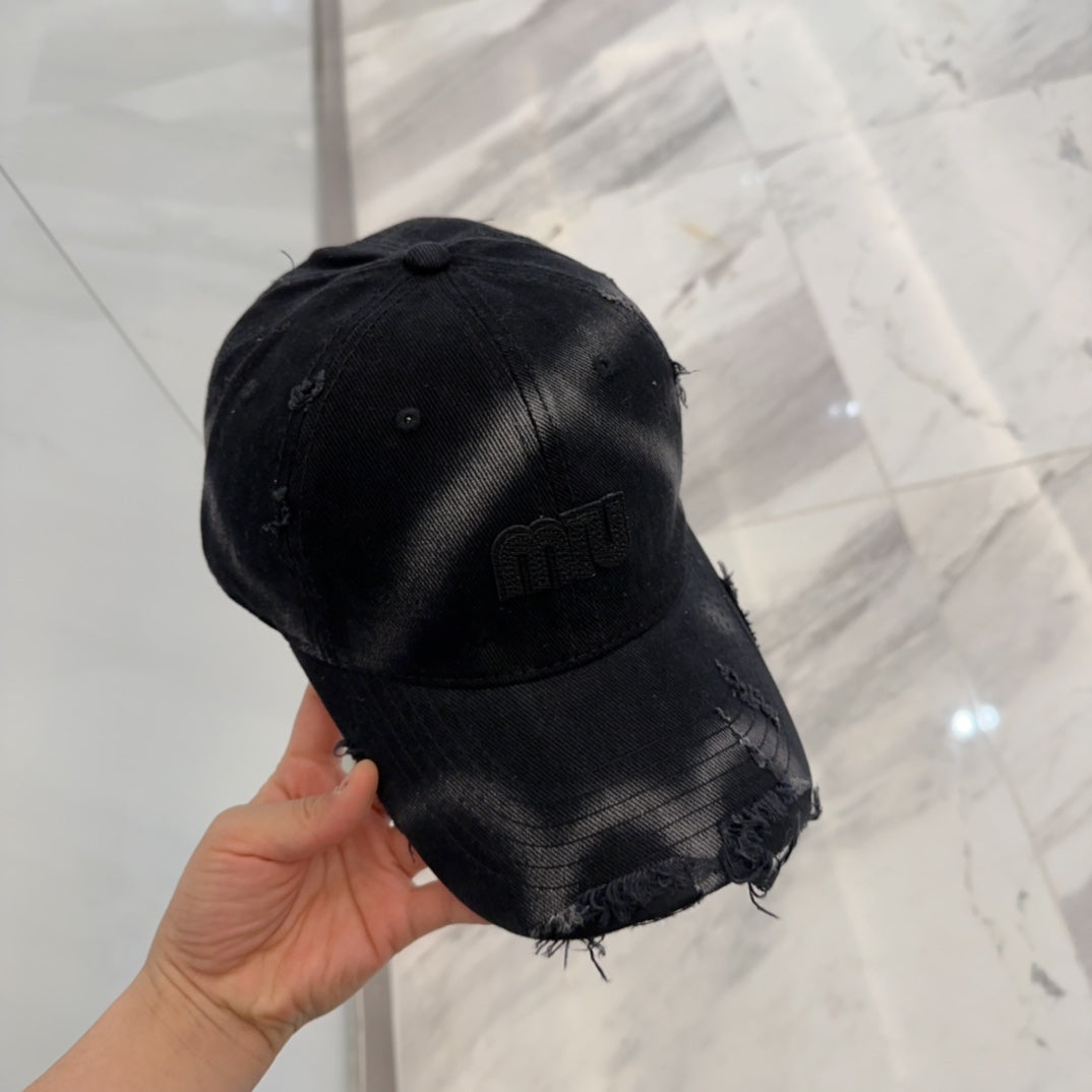 MIU MIU MM BASEBALL CAP IN BLACK DISTRESSED FABRIC STYLE 4