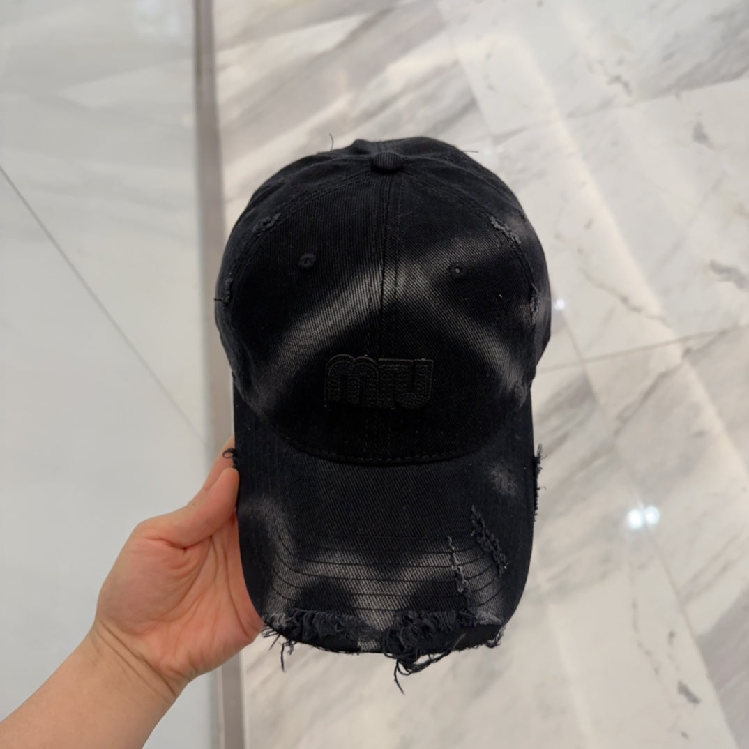 MIU MIU MM BASEBALL CAP IN BLACK DISTRESSED FABRIC STYLE 4
