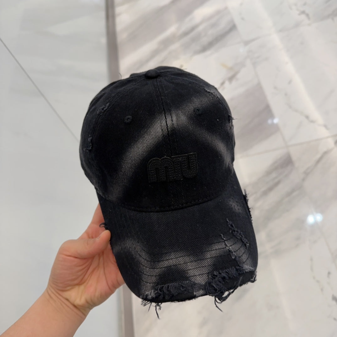 MIU MIU MM BASEBALL CAP IN BLACK DISTRESSED FABRIC STYLE 4