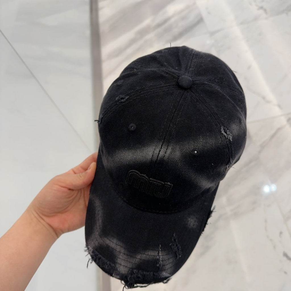 MIU MIU MM BASEBALL CAP IN BLACK DISTRESSED FABRIC STYLE 4