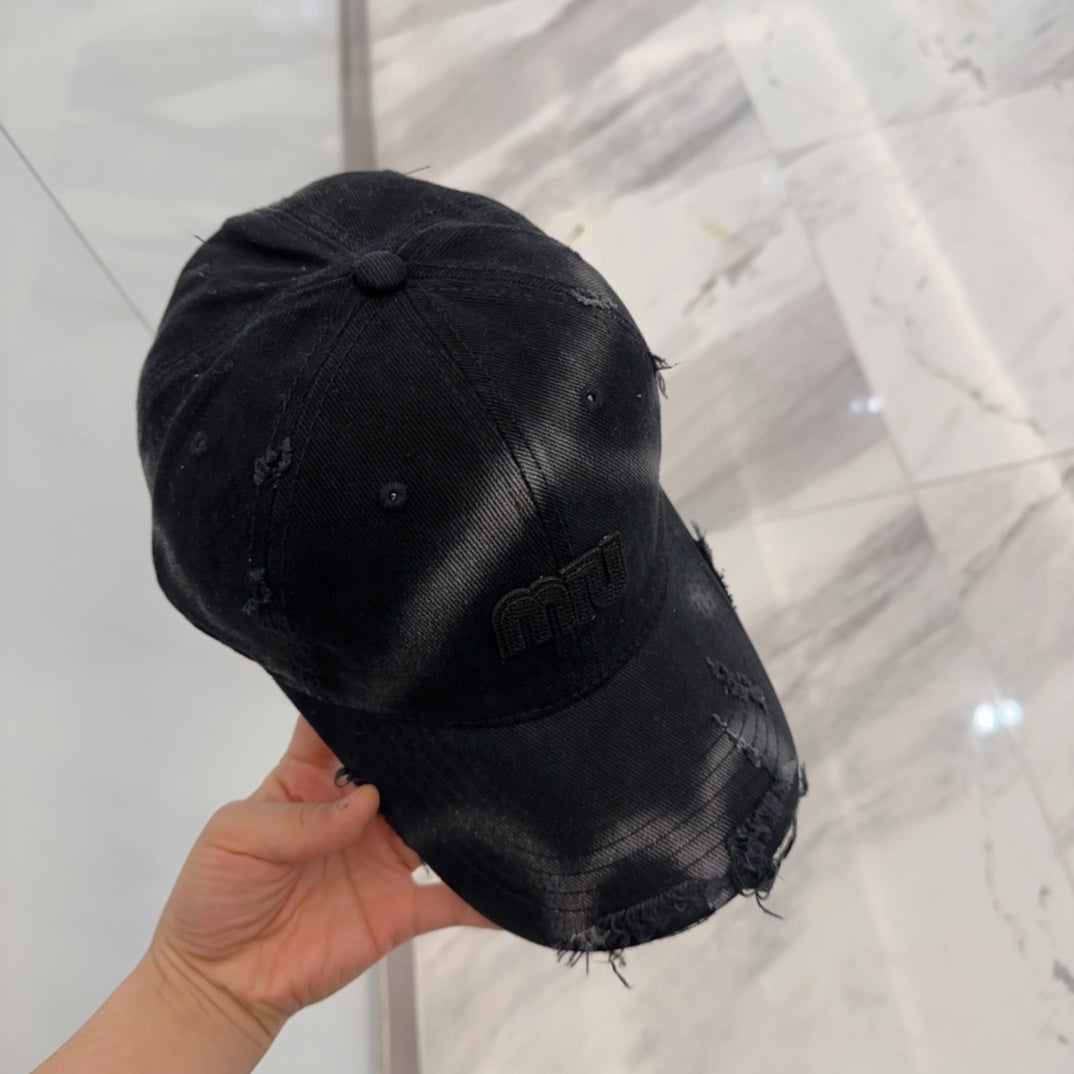 MIU MIU MM BASEBALL CAP IN BLACK DISTRESSED FABRIC STYLE 4