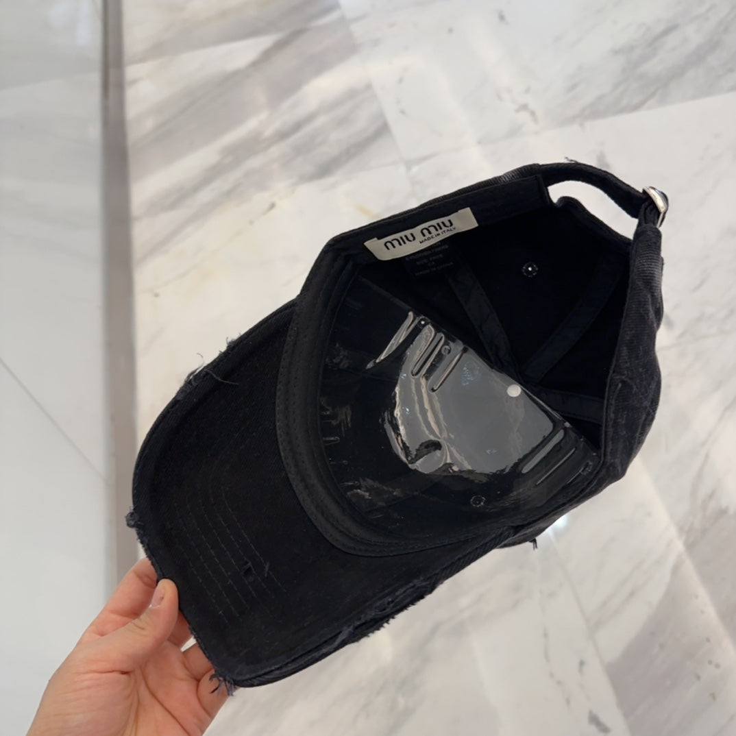 MIU MIU MM BASEBALL CAP IN BLACK DISTRESSED FABRIC STYLE 4