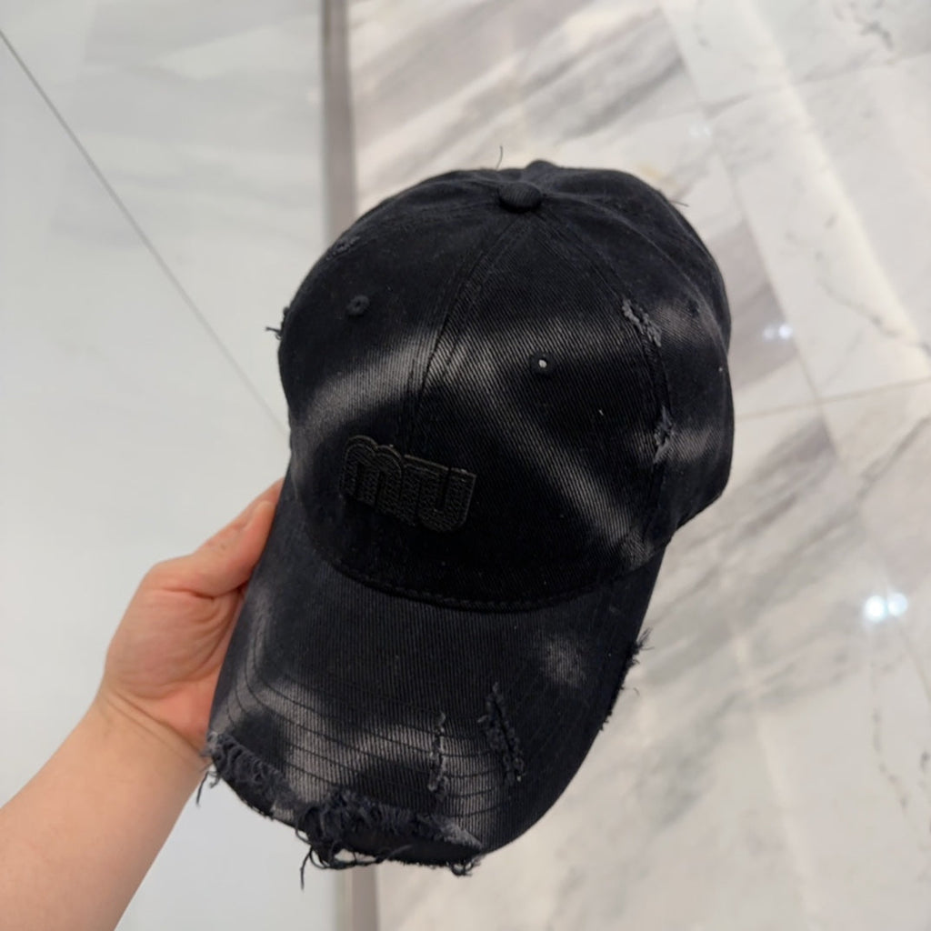 MIU MIU MM BASEBALL CAP IN BLACK DISTRESSED FABRIC STYLE 4