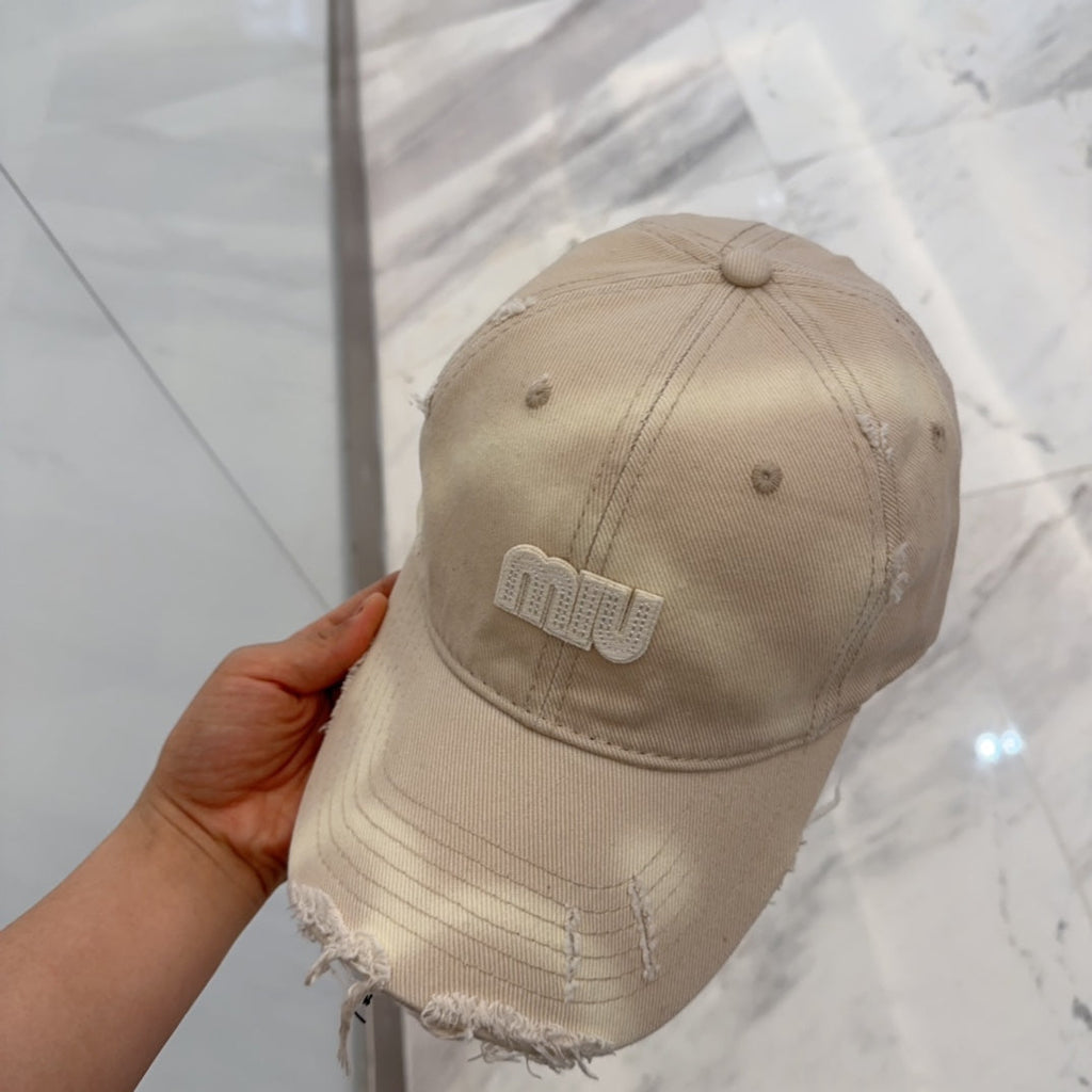 MIU MIU MM BASEBALL CAP IN LIGHT BEIGE DISTRESSED FABRIC STYLE 3