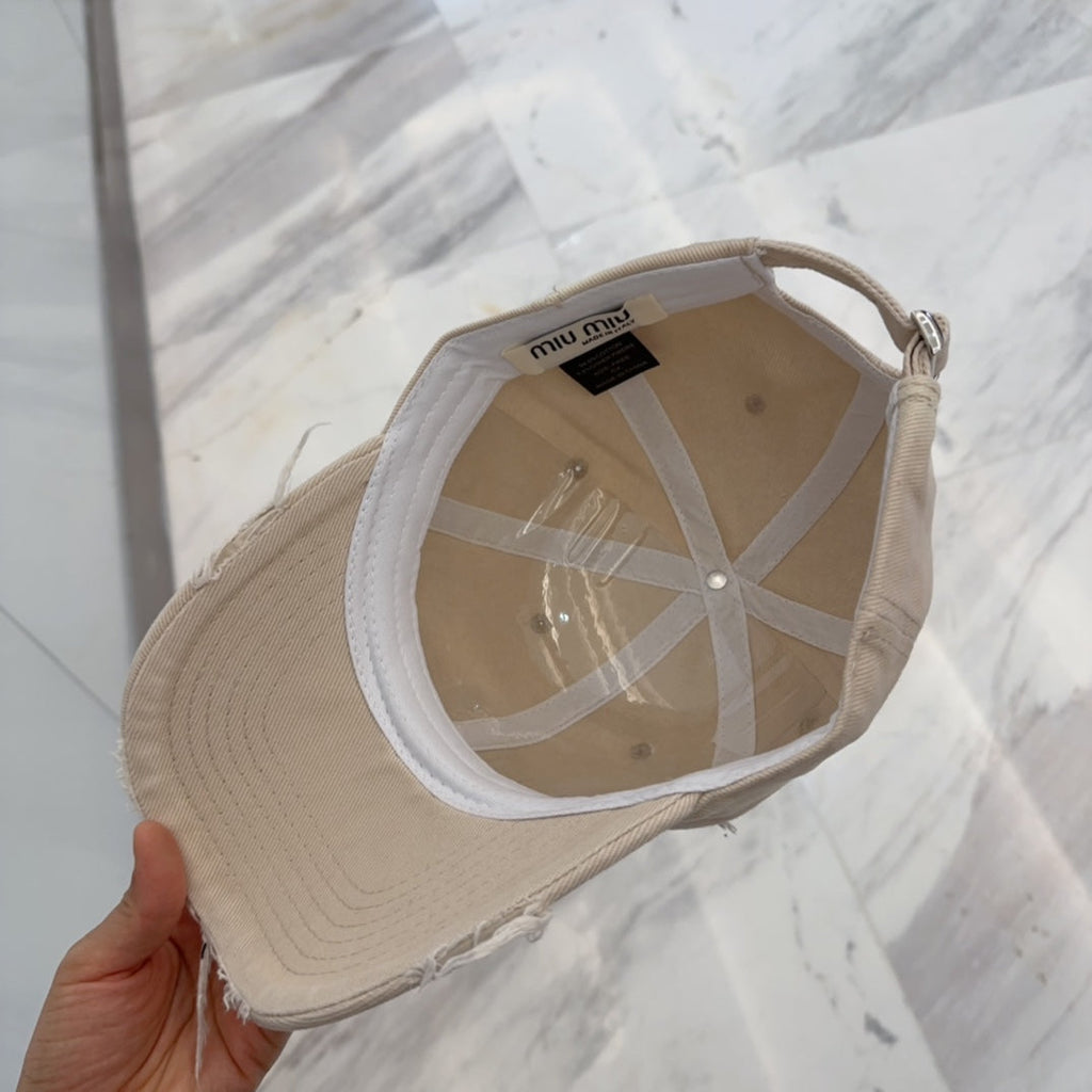 MIU MIU MM BASEBALL CAP IN LIGHT BEIGE DISTRESSED FABRIC STYLE 3