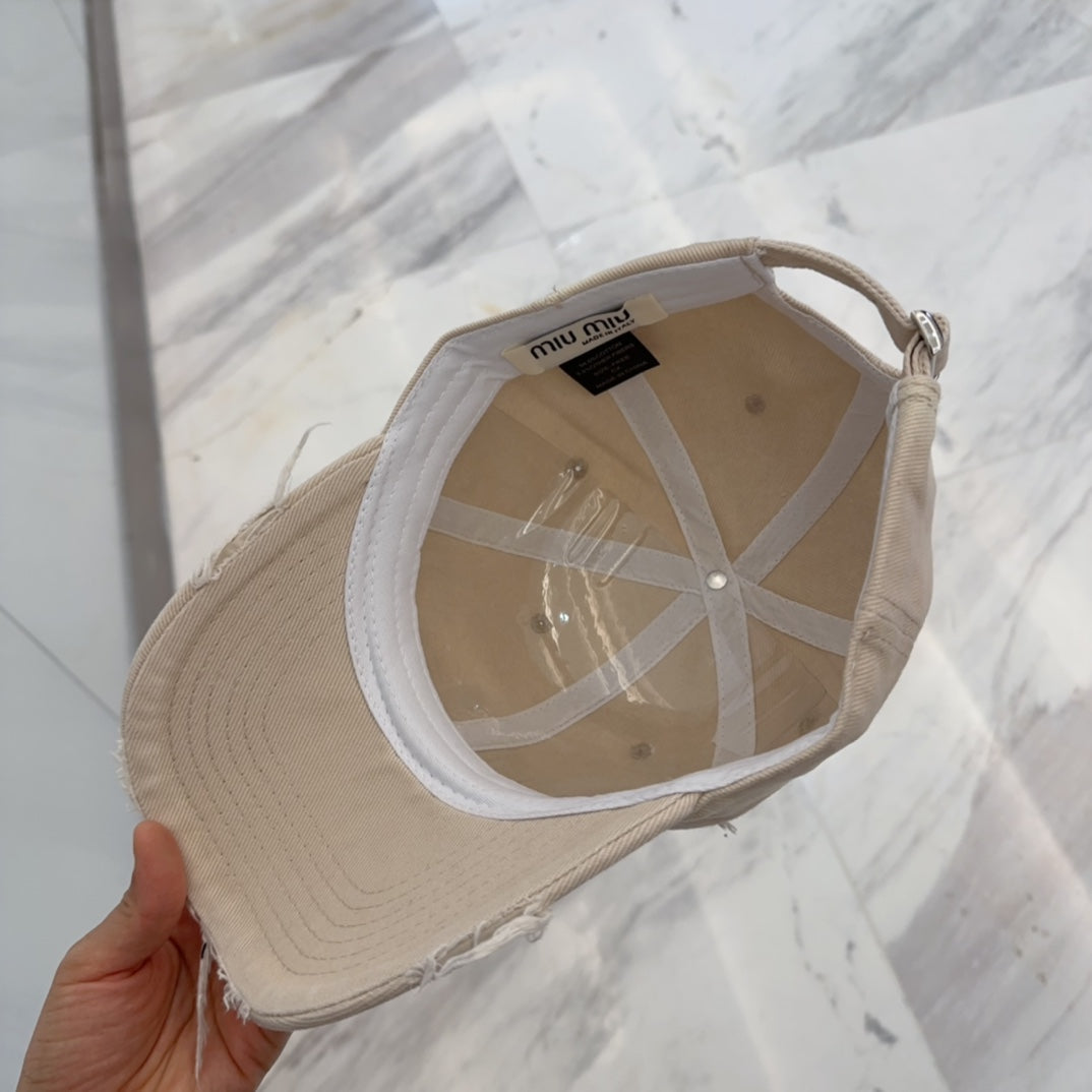 MIU MIU MM BASEBALL CAP IN LIGHT BEIGE DISTRESSED FABRIC STYLE 3