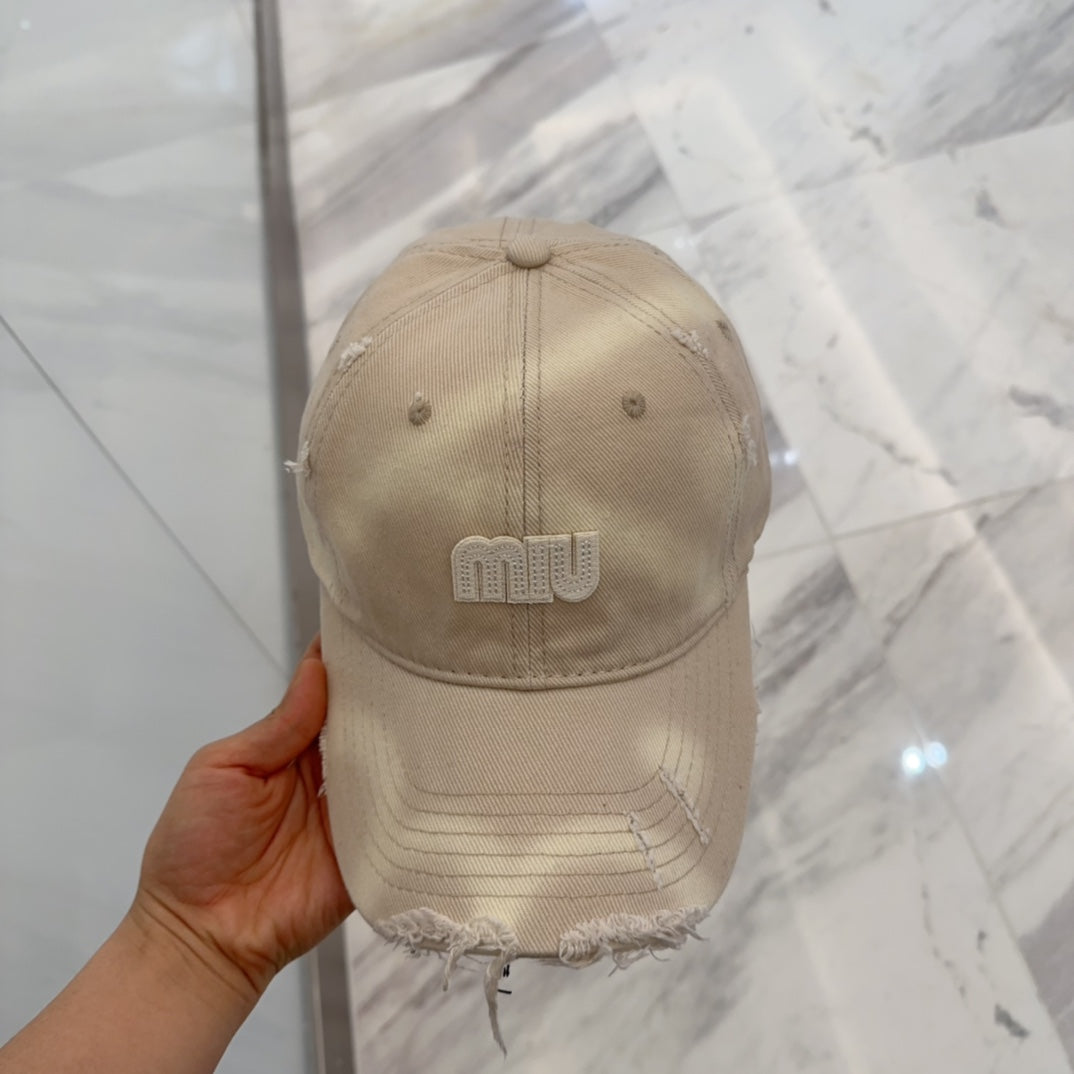 MIU MIU MM BASEBALL CAP IN LIGHT BEIGE DISTRESSED FABRIC STYLE 3