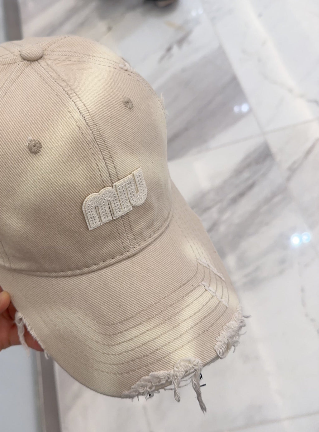 MIU MIU MM BASEBALL CAP IN LIGHT BEIGE DISTRESSED FABRIC STYLE 3