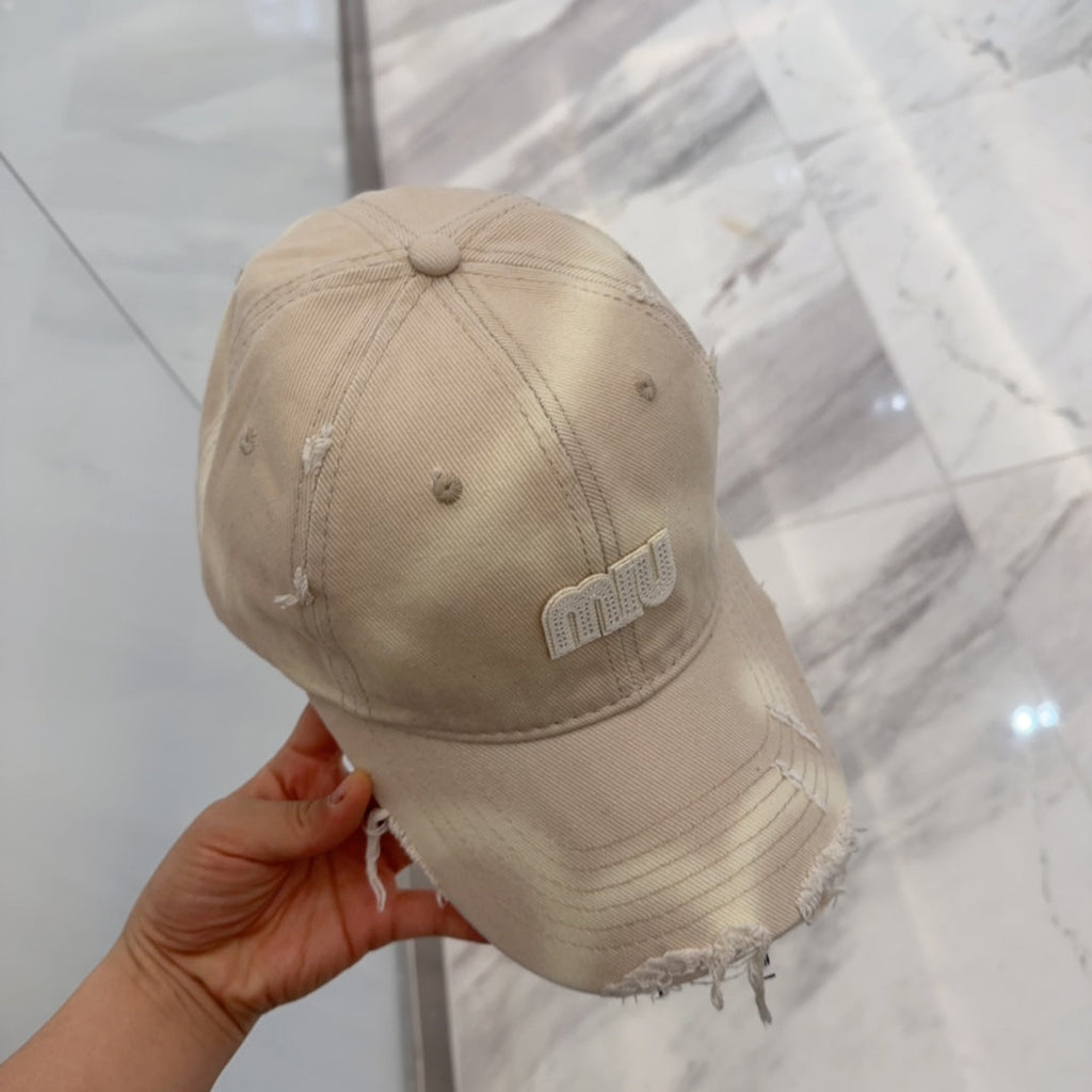 MIU MIU MM BASEBALL CAP IN LIGHT BEIGE DISTRESSED FABRIC STYLE 3