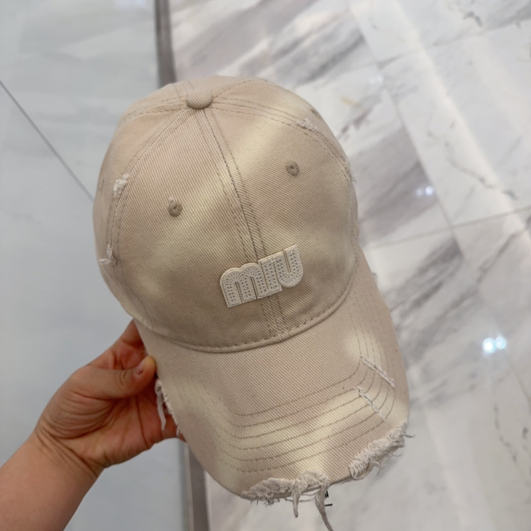 MIU MIU MM BASEBALL CAP IN LIGHT BEIGE DISTRESSED FABRIC STYLE 3