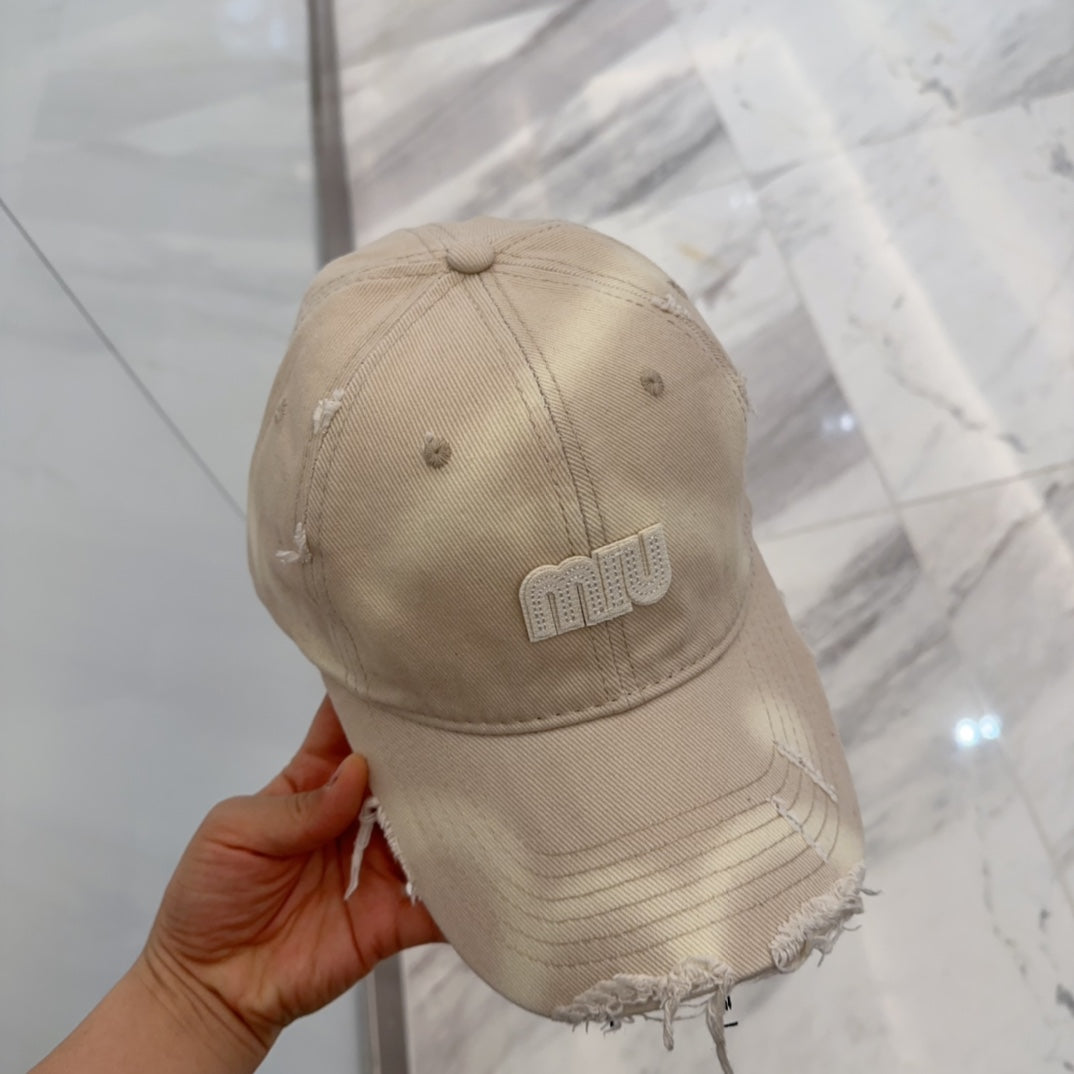 MIU MIU MM BASEBALL CAP IN LIGHT BEIGE DISTRESSED FABRIC STYLE 3