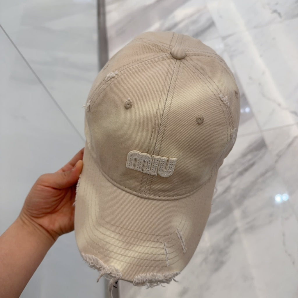 MIU MIU MM BASEBALL CAP IN LIGHT BEIGE DISTRESSED FABRIC STYLE 3