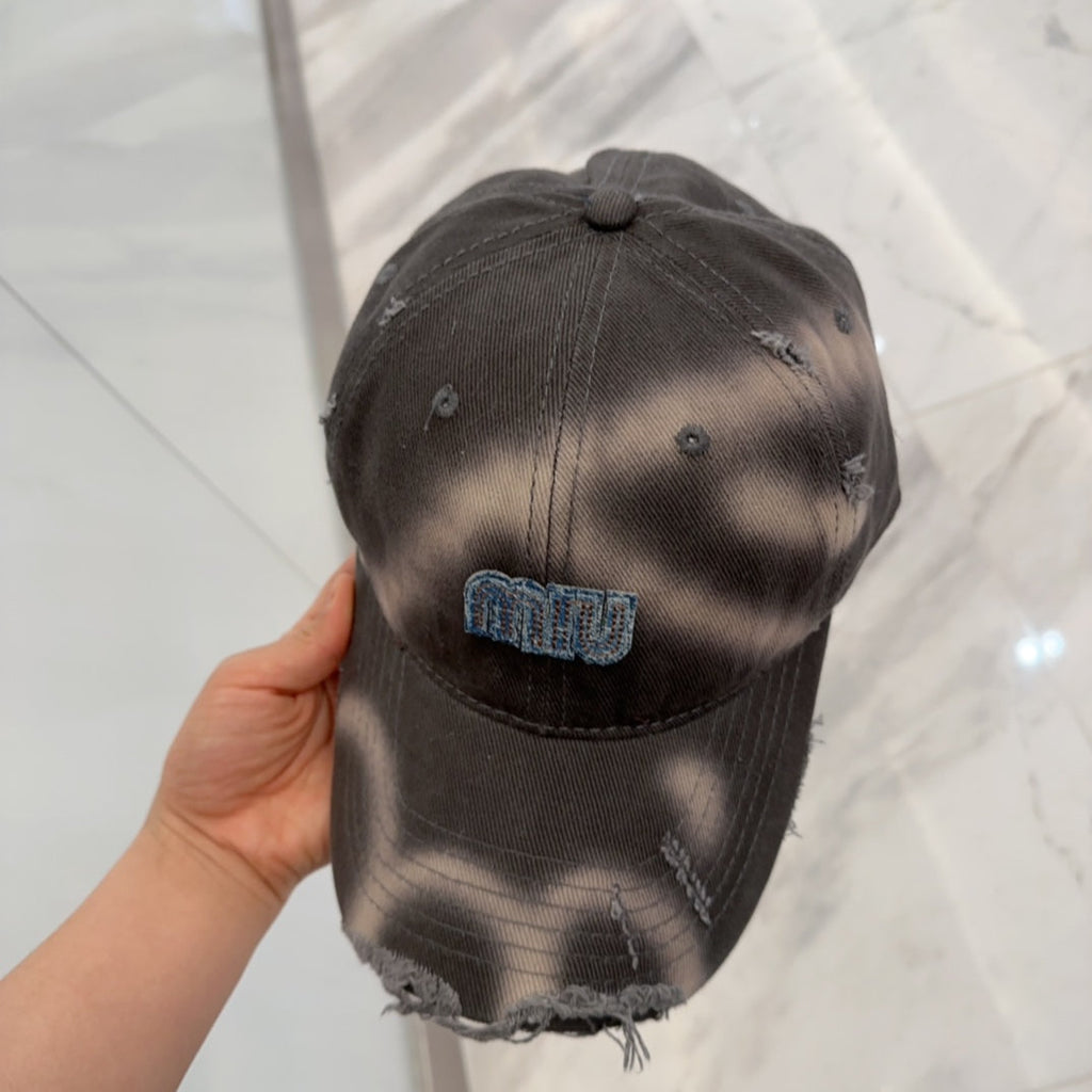MIU MIU MM BASEBALL CAP IN DARK MOCHA BROWN DISTRESSED FABRIC STYLE 2