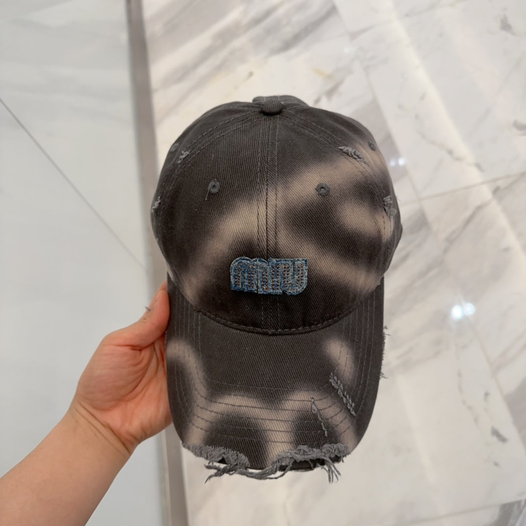 MIU MIU MM BASEBALL CAP IN DARK MOCHA BROWN DISTRESSED FABRIC STYLE 2