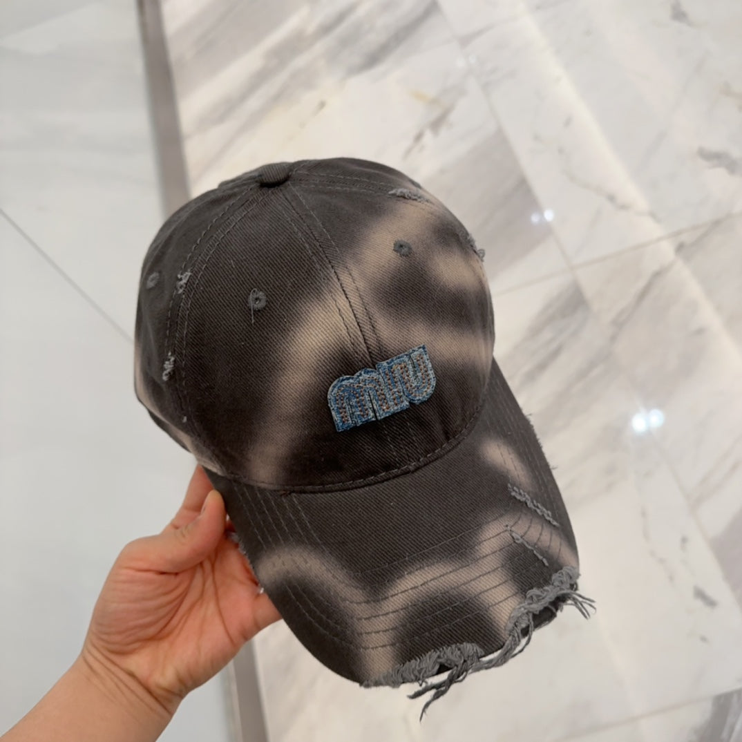 MIU MIU MM BASEBALL CAP IN DARK MOCHA BROWN DISTRESSED FABRIC STYLE 2