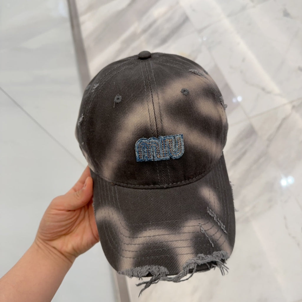 MIU MIU MM BASEBALL CAP IN DARK MOCHA BROWN DISTRESSED FABRIC STYLE 2