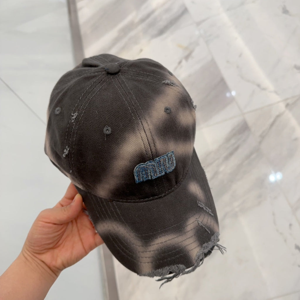 MIU MIU MM BASEBALL CAP IN DARK MOCHA BROWN DISTRESSED FABRIC STYLE 2