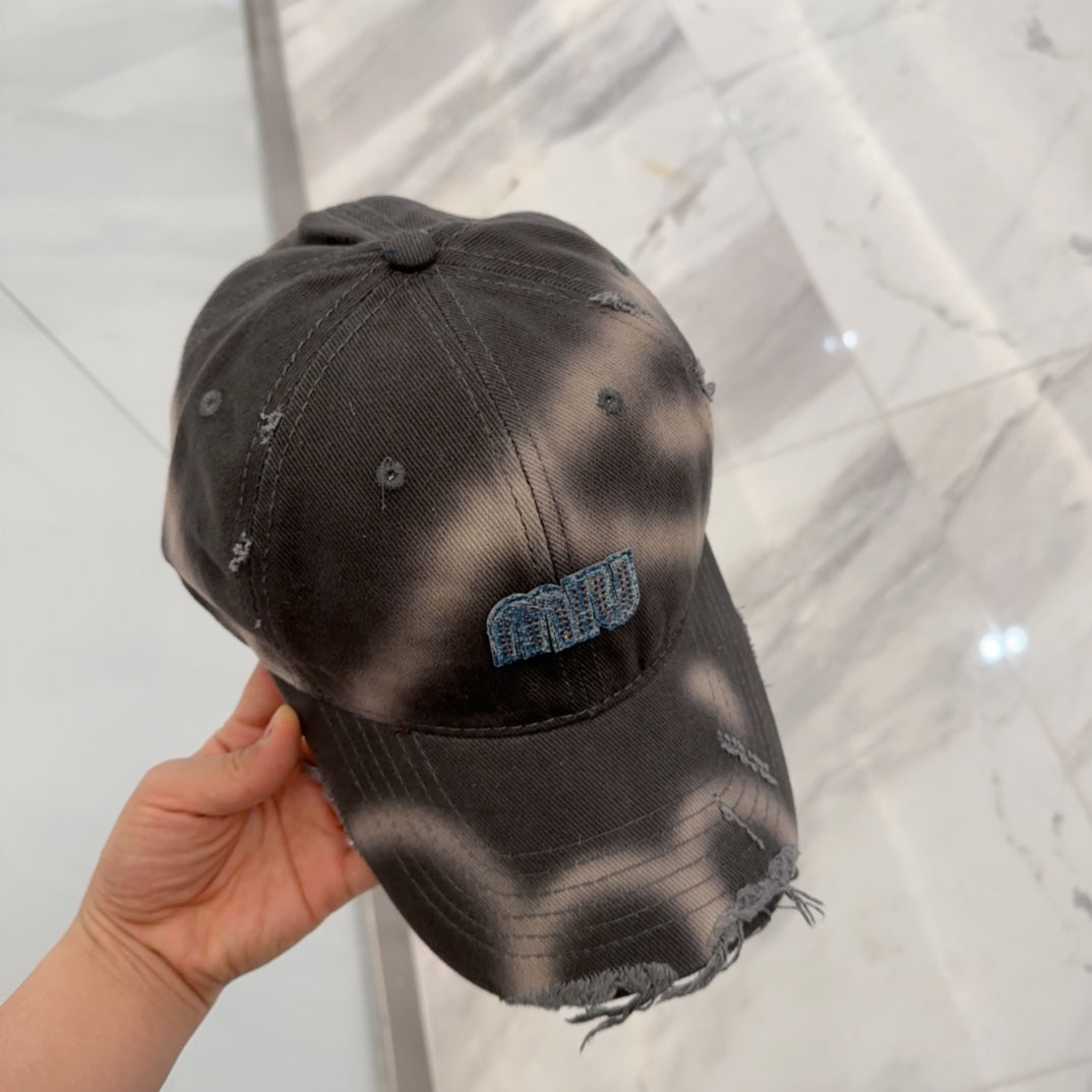 MIU MIU MM BASEBALL CAP IN DARK MOCHA BROWN DISTRESSED FABRIC STYLE 2