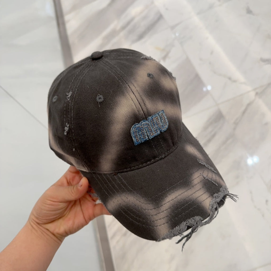 MIU MIU MM BASEBALL CAP IN DARK MOCHA BROWN DISTRESSED FABRIC STYLE 2