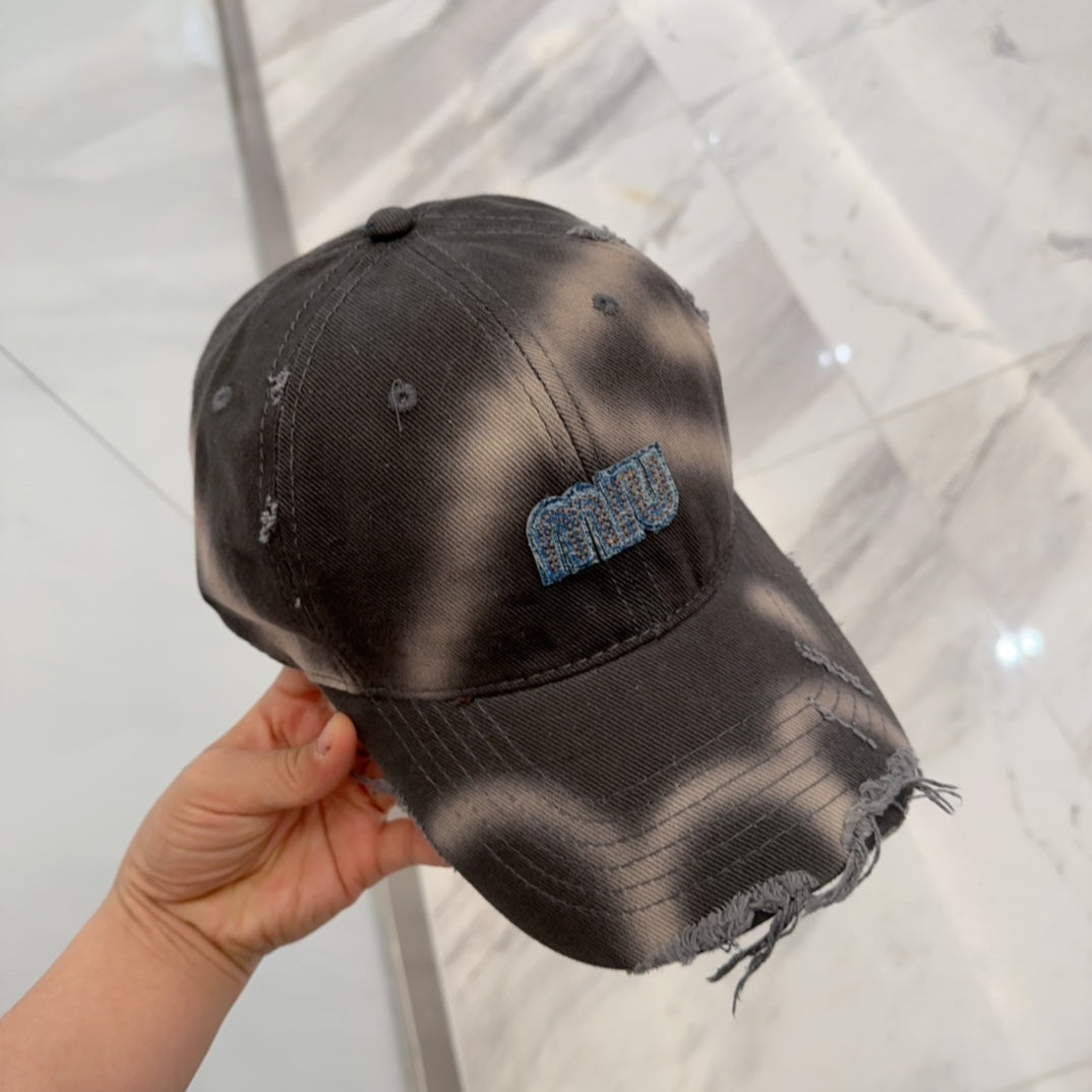 MIU MIU MM BASEBALL CAP IN DARK MOCHA BROWN DISTRESSED FABRIC STYLE 2