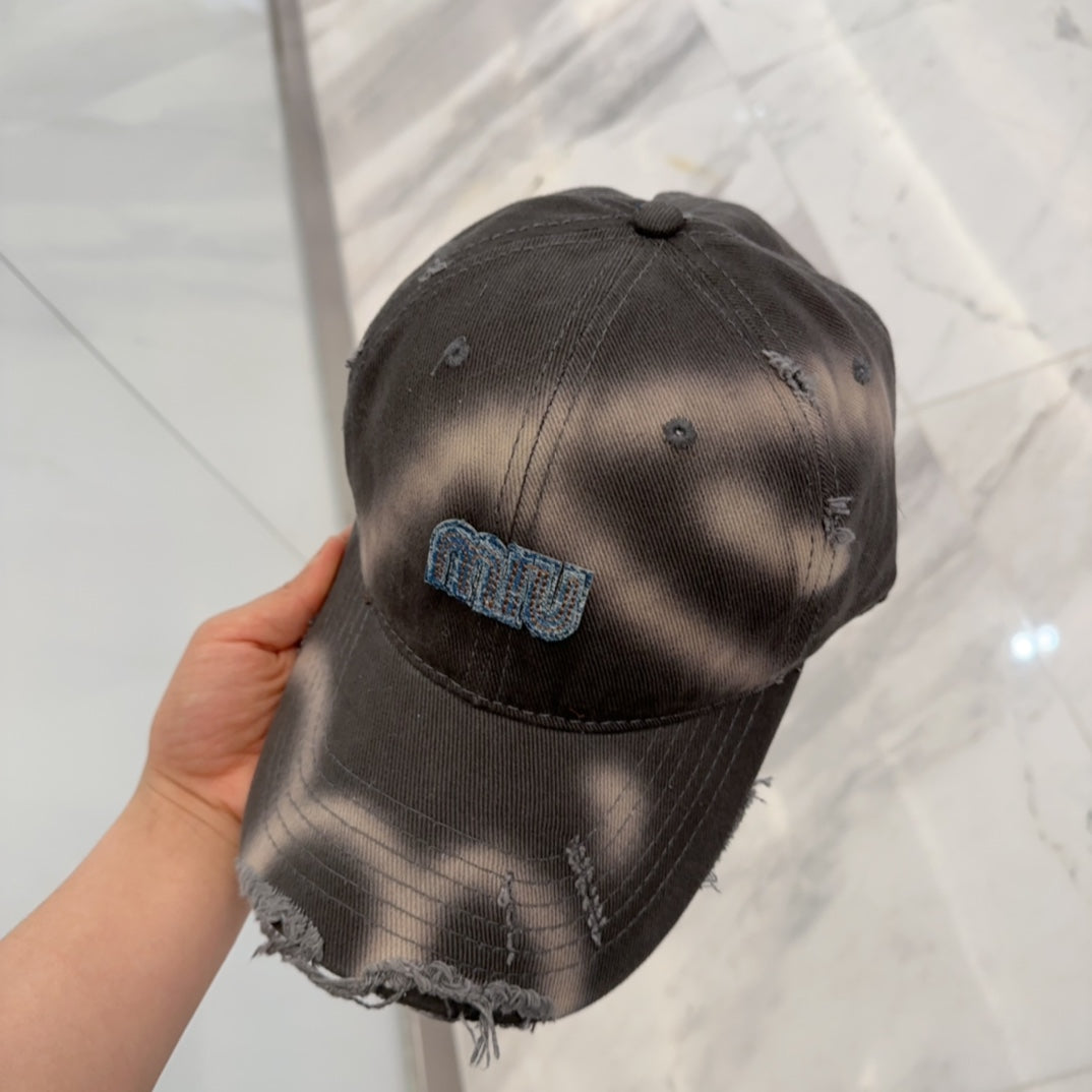 MIU MIU MM BASEBALL CAP IN DARK MOCHA BROWN DISTRESSED FABRIC STYLE 2