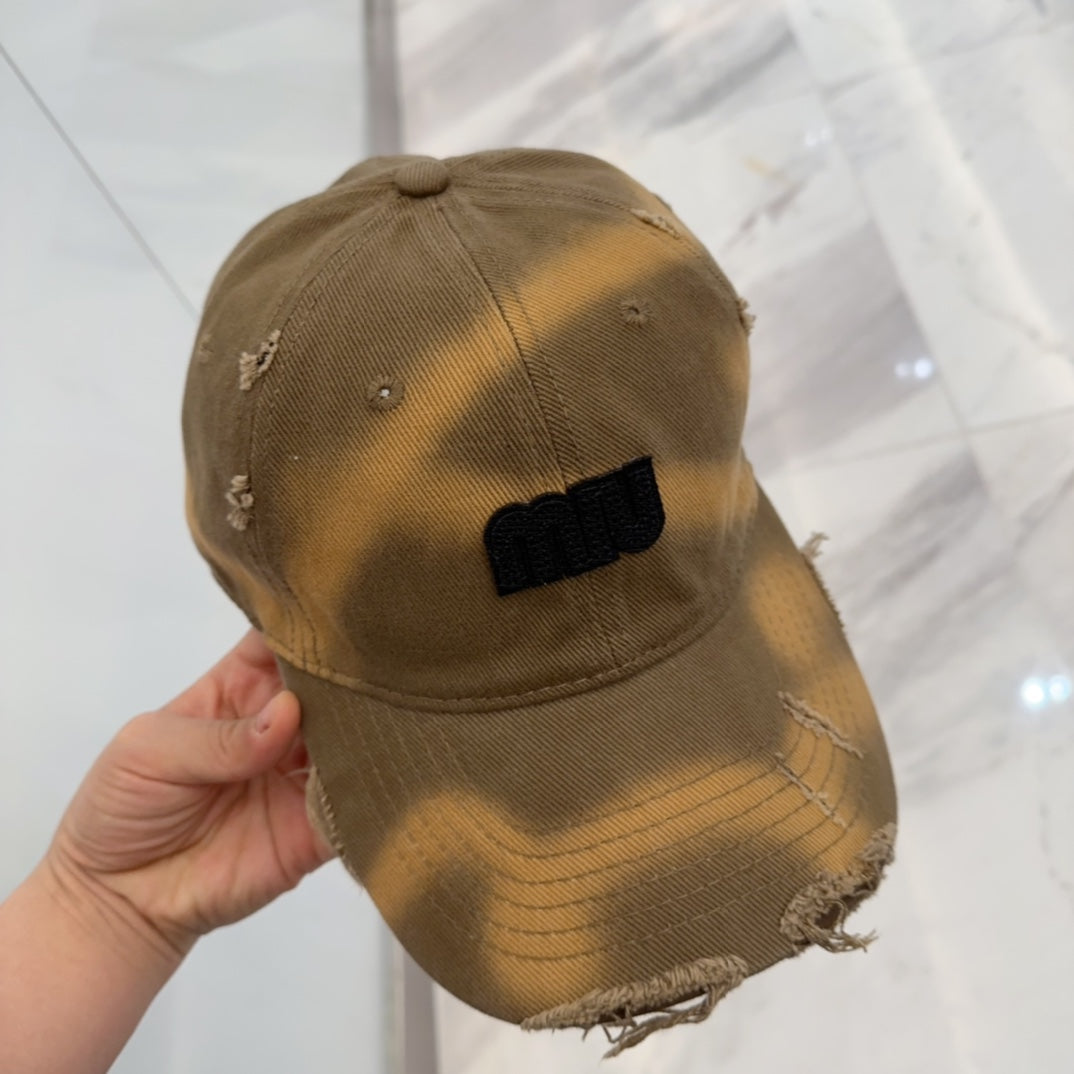 MIU MIU MM BASEBALL CAP IN BROWN DISTRESSED FABRIC STYLE 1