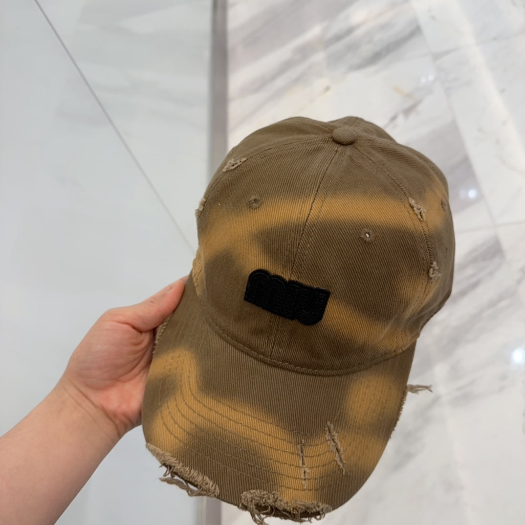 MIU MIU MM BASEBALL CAP IN BROWN DISTRESSED FABRIC STYLE 1
