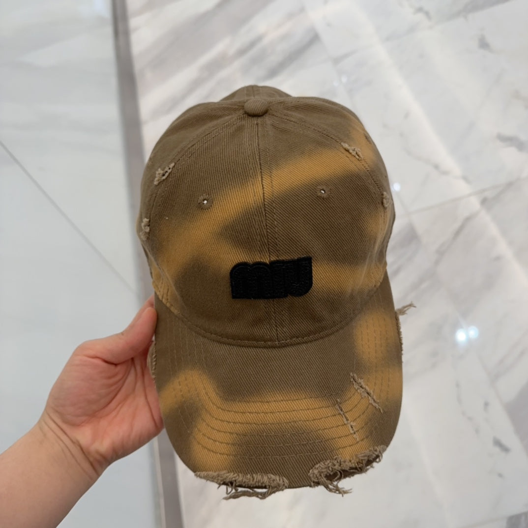 MIU MIU MM BASEBALL CAP IN BROWN DISTRESSED FABRIC STYLE 1