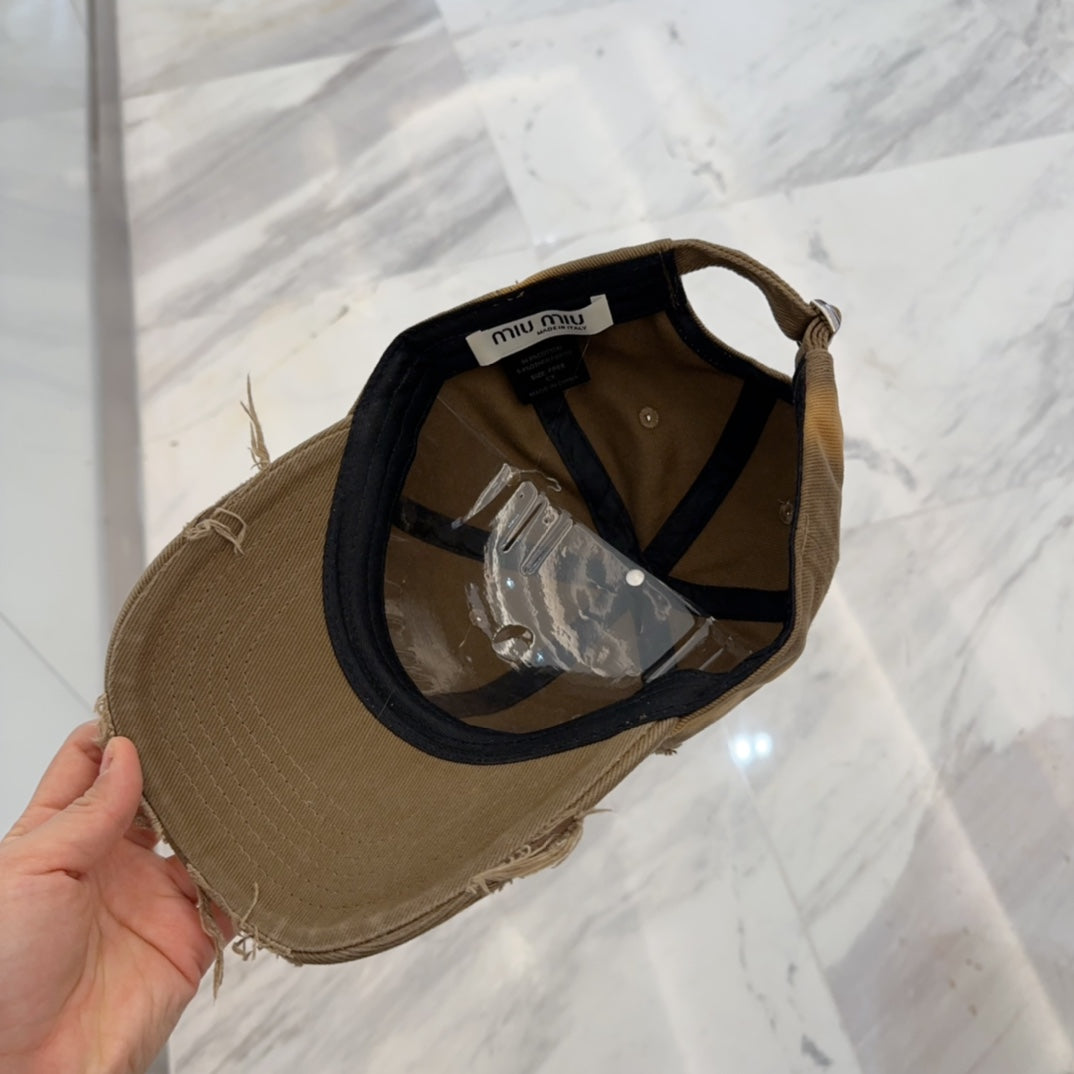 MIU MIU MM BASEBALL CAP IN BROWN DISTRESSED FABRIC STYLE 1