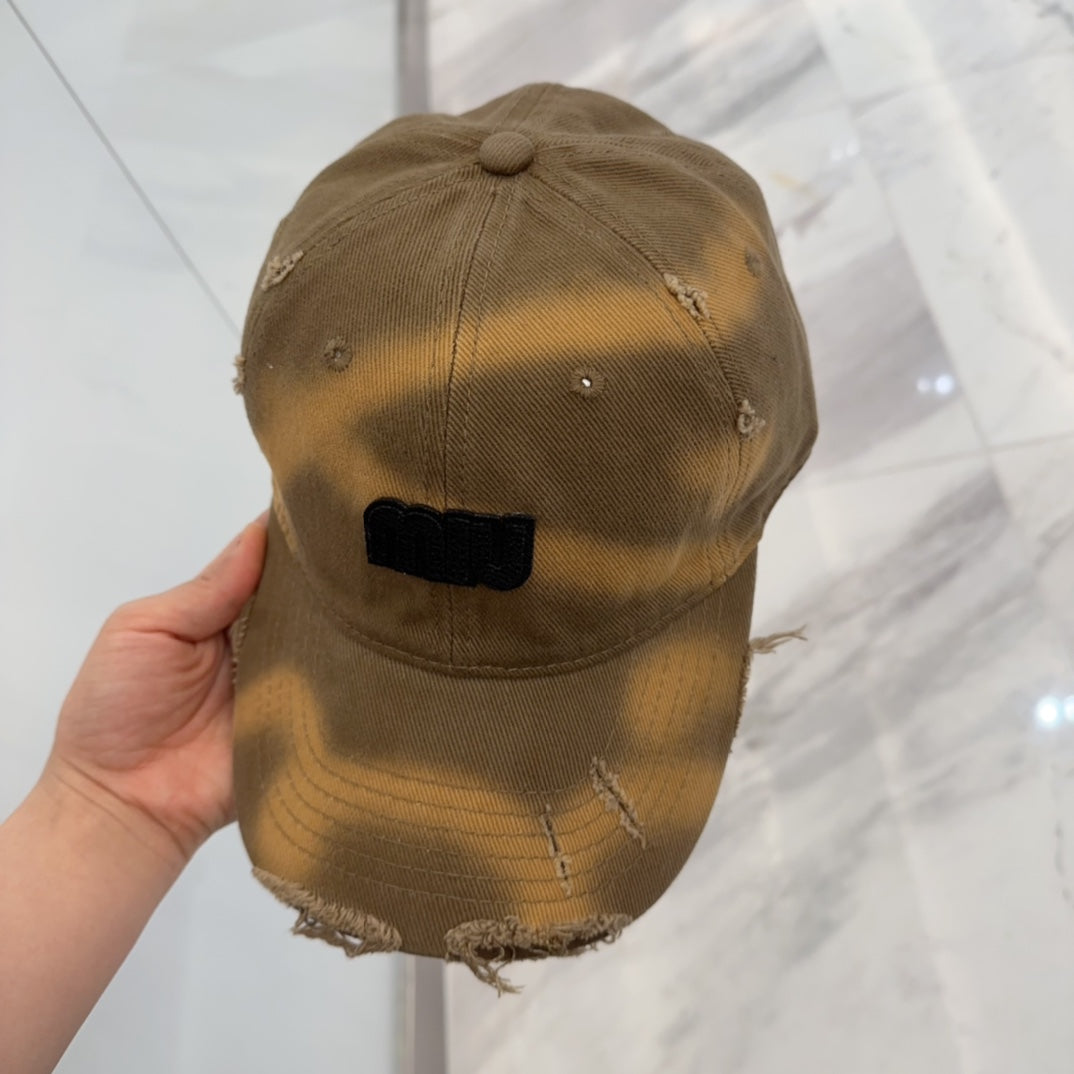 MIU MIU MM BASEBALL CAP IN BROWN DISTRESSED FABRIC STYLE 1