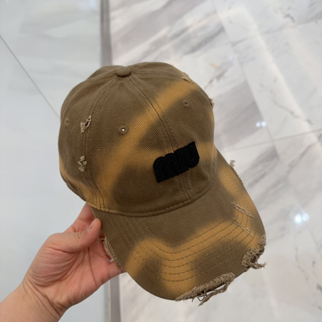 MIU MIU MM BASEBALL CAP IN BROWN DISTRESSED FABRIC STYLE 1
