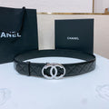 CHANEL DOUBLE C BELT 38MM IN BLACK QUILTED LAMBSKIN WITH SILVER OVAL BUCKLE AND CENTERED LOGO