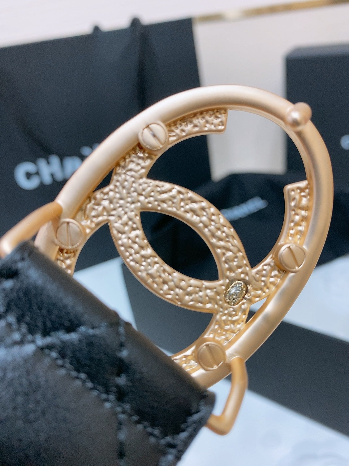 CHANEL DOUBLE C BELT 38MM IN BLACK QUILTED LAMBSKIN GOLD OVAL BUCKLE CENTERED WHITE LOGO