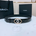 CHANEL DOUBLE C BELT 38MM IN BLACK QUILTED LAMBSKIN GOLD OVAL BUCKLE CENTERED WHITE LOGO