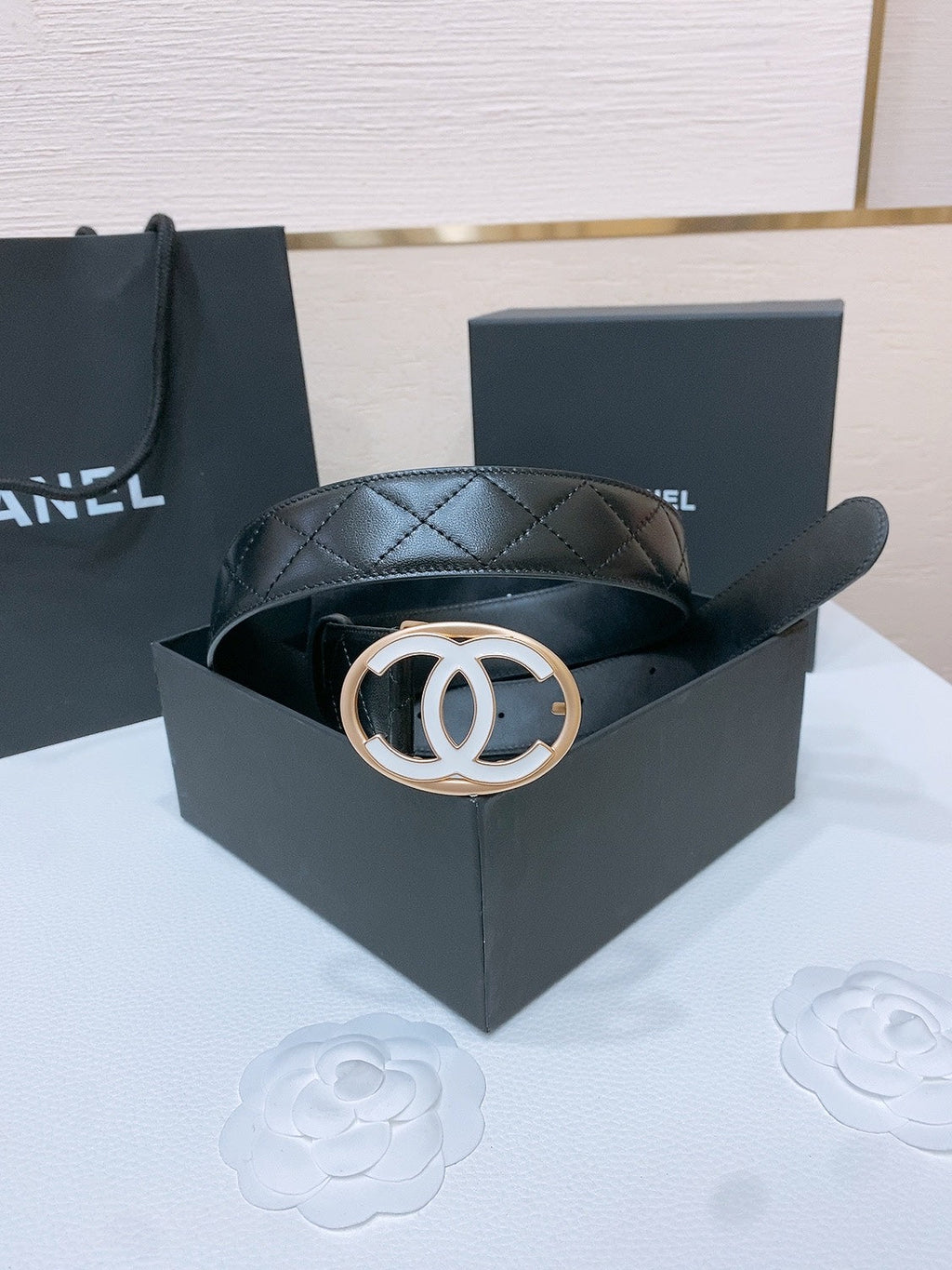 CHANEL DOUBLE C BELT 38MM IN BLACK QUILTED LAMBSKIN GOLD OVAL BUCKLE CENTERED WHITE LOGO