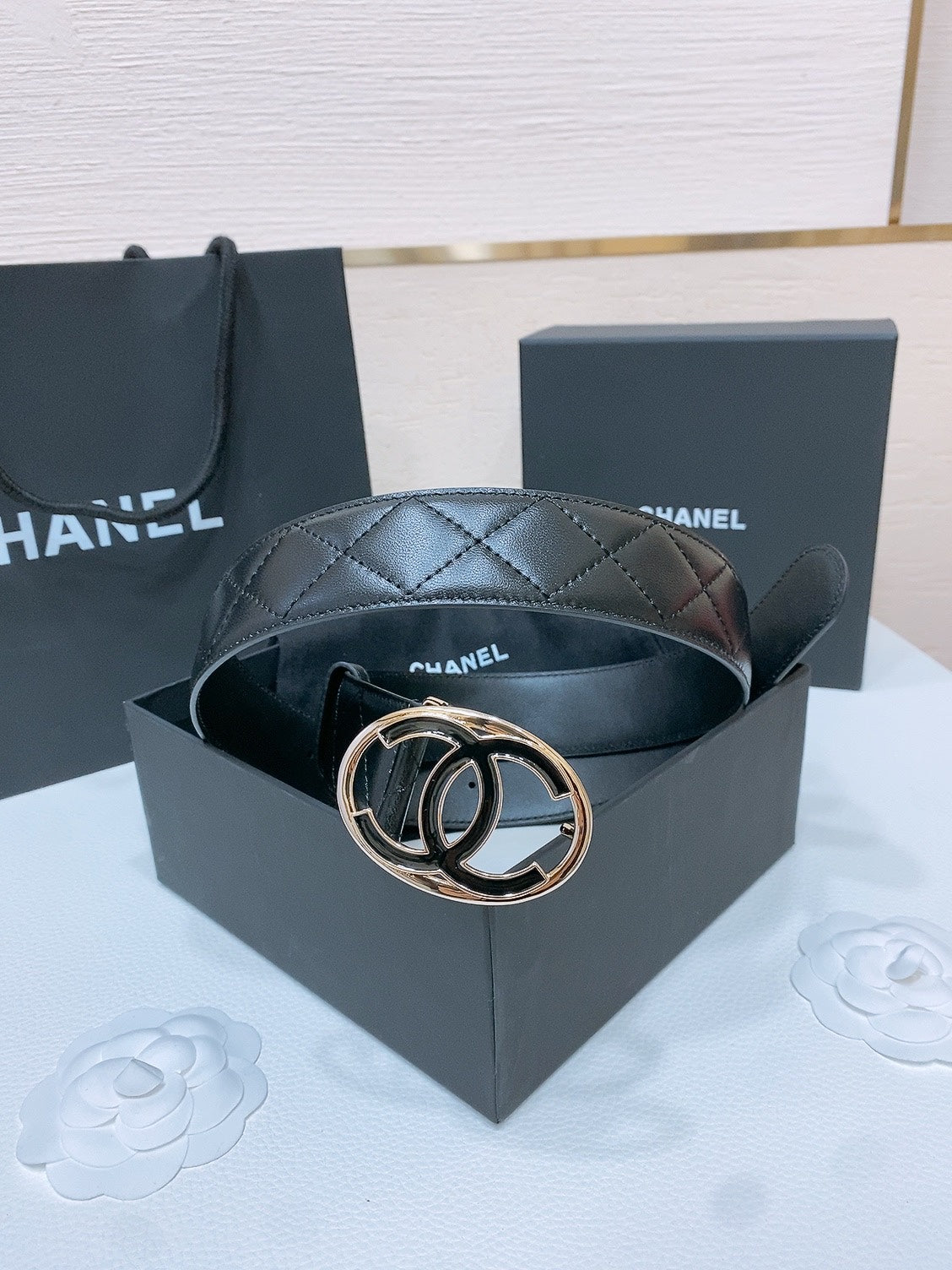 CHANEL DOUBLE C BELT 38MM IN BLACK QUILTED LAMBSKIN GOLD OVAL BUCKLE CENTERED BLACK LOGO