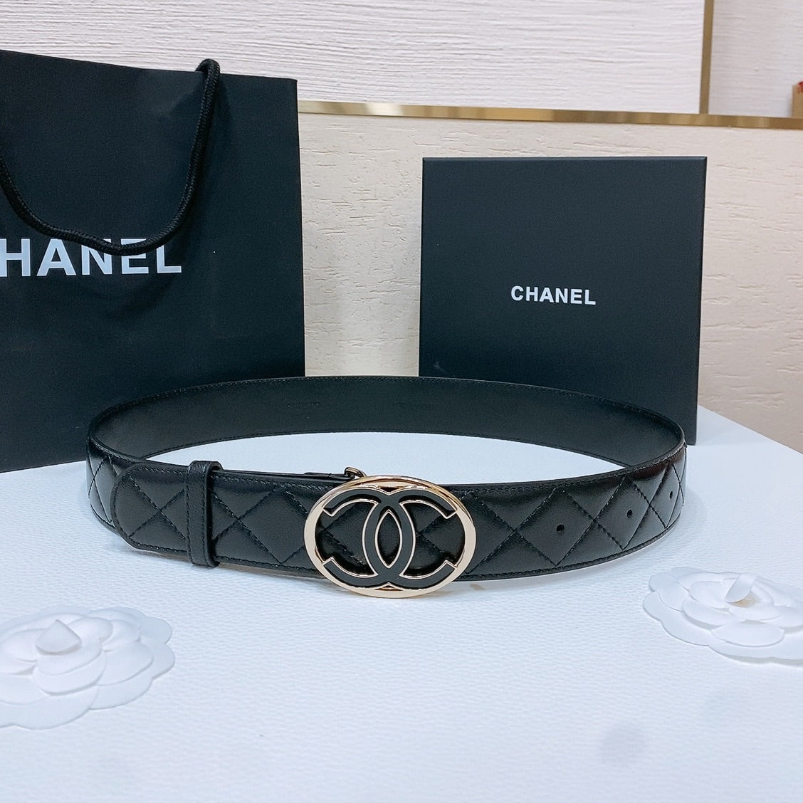 CHANEL DOUBLE C BELT 38MM IN BLACK QUILTED LAMBSKIN GOLD OVAL BUCKLE CENTERED BLACK LOGO