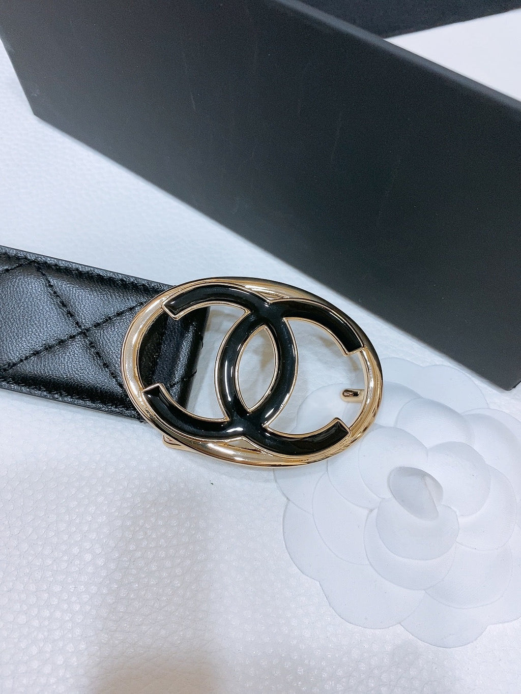 CHANEL DOUBLE C BELT 38MM IN BLACK QUILTED LAMBSKIN GOLD OVAL BUCKLE CENTERED BLACK LOGO