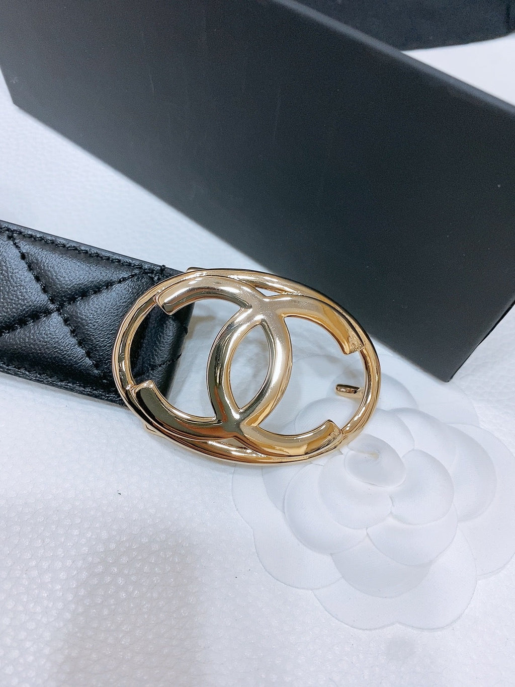 CHANEL DOUBLE C BELT 38MM IN BLACK QUILTED LAMBSKIN WITH GOLD OVAL BUCKLE CENTERED LOGO