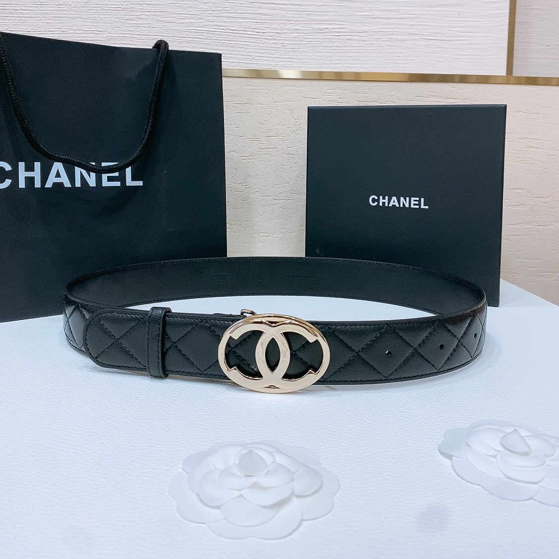 CHANEL DOUBLE C BELT 38MM IN BLACK QUILTED LAMBSKIN WITH GOLD OVAL BUCKLE CENTERED LOGO