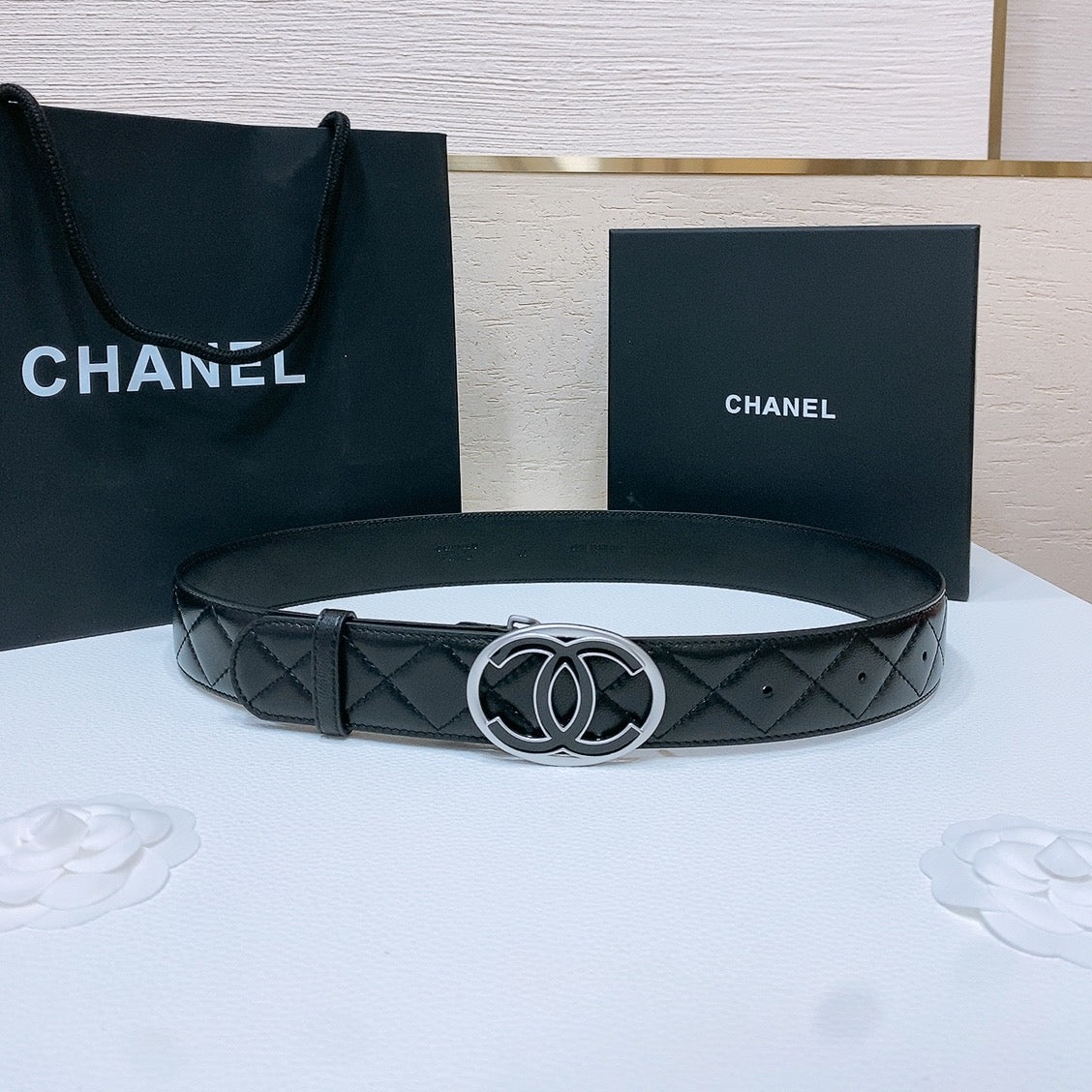 CHANEL DOUBLE C BELT 38MM IN BLACK QUILTED LAMBSKIN SILVER OVAL BUCKLE CENTERED BLACK LOGO